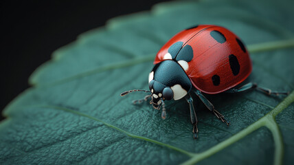 detailed macro shot of ladybug on dark green leaf, showcasing its vibrant colors and intricate