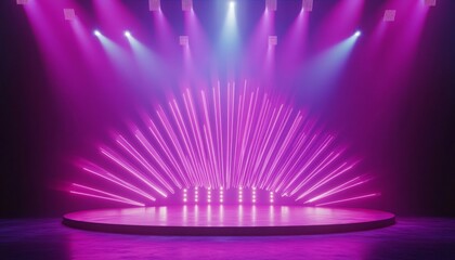 Futuristic Neon Stage. Modern Neon Light Stage with Reflective Floor. Cyberpunk Arena with Purple and Blue Neon Lights. Abstract 3D Neon Stage Background.