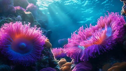 Obraz premium 85.Underwater scene of a thriving coral reef, vibrant sea anemones with soft flowing textures, close-up of marine organisms, vivid colors in blues and pinks, serene and beautiful ocean ecosystem