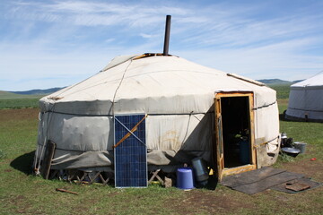 A nomadic family lives together with the tranquil surroundings in the Bulgan steppe, Bulgan...