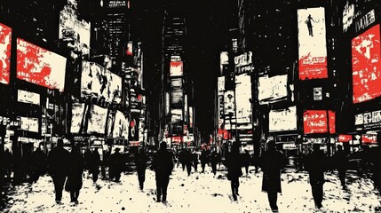 Naklejka premium Bustling City Street at Night with Neon Signs