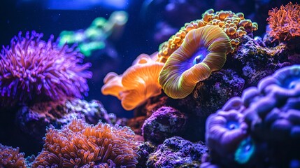 81.Close-up of vibrant coral reefs with vivid marine life, intricate patterns of sea anemones, colorful textures, underwater light filtering through, rich and detailed underwater ecosystem