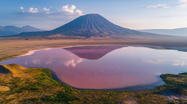 36.Aerial view of Ol Doinyo Lengai volcano towering over Lake Natron, vast pink salt flats below, thousands of Lesser Flamingos dotting the shallow waters, rugged volcanic landscape, pristine natural