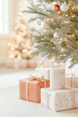 Beautifully wrapped presents under festive tree, creating cozy atmosphere