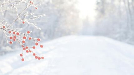 Frosted holly berries on branch in serene winter landscape
