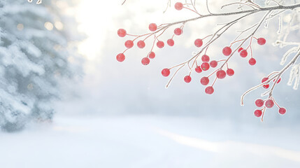 Frosted holly berries glisten in peaceful winter landscape