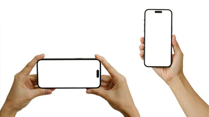 Hand-holding the smartphone mockup in a horizontal and vertical posture with a clear screen including clipping path and modern frameless design for advertisement.