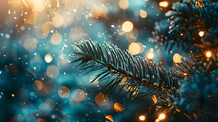 Glowing backlit numbers 2025 on a blurred background with bokeh lights with pine branches. Happy New Year. Festive horizontal banner, card. on blue background