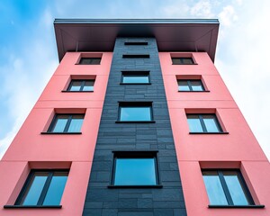 Professional photo of a luxurious building with a salmon pink, dark slate facade.
