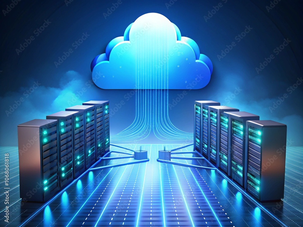 Aufkleber cloud computing network with a laptop in an urban cityscape featuring skyscrapers and modern archite