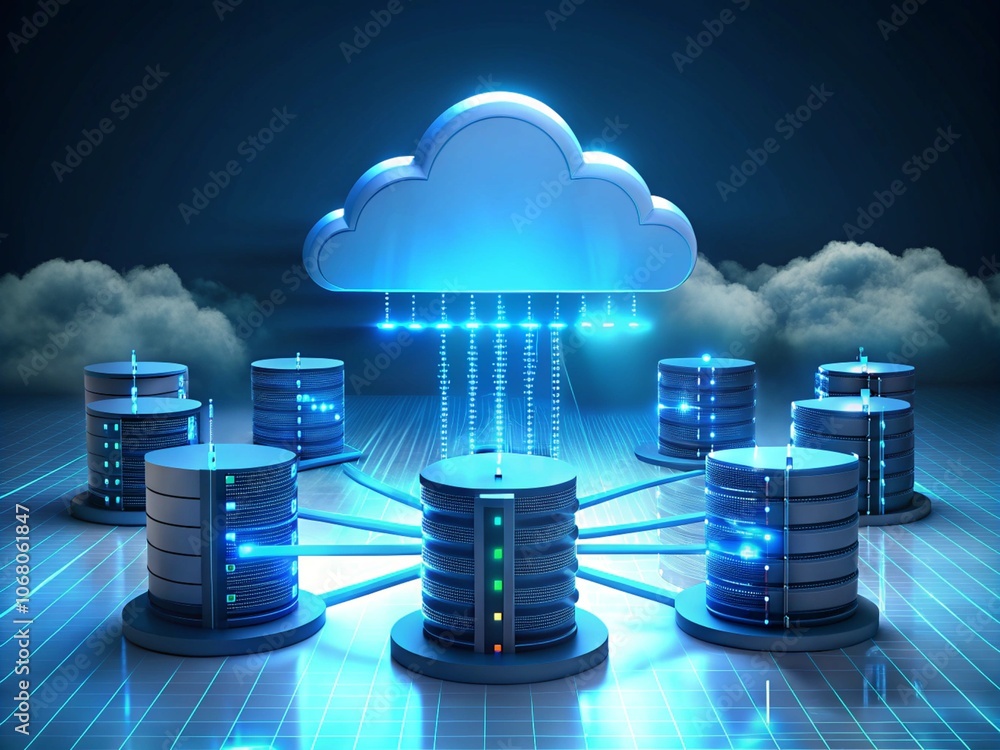 Aufkleber cloud computing network with a laptop in an urban cityscape featuring skyscrapers and modern archite