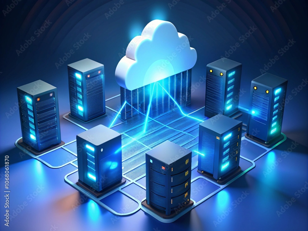 Aufkleber cloud computing network with a laptop in an urban cityscape featuring skyscrapers and modern archite
