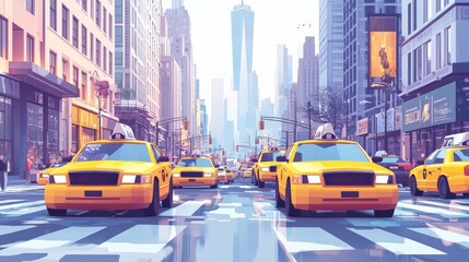 Yellow Taxis in Busy New York City Street Scene