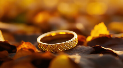 A gold band with a gold banded design sits on a leaf. The leaf is brown and the band is shiny