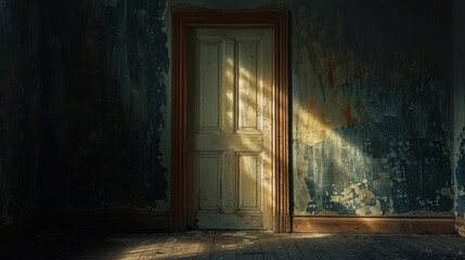 dimly lit room with weathered door, sunlight streaming through