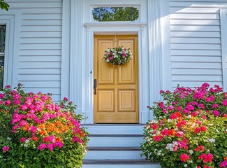 Fototapeta premium White home with vibrant flowers and gold door in daylight.