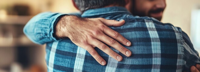 Two men embracing in a supportive and comforting hug on a dark, blurred background