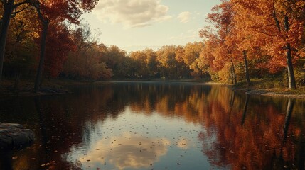 Obraz premium Still lake with fall foliage reflecting on the water.