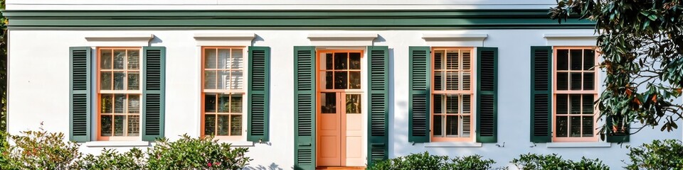 Fototapeta premium Elegant home with dark green accents and peach windows, bathed in Georgia sun.