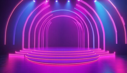 Obraz premium Futuristic Neon Stage. Modern Neon Light Stage with Reflective Floor. Cyberpunk Arena with Purple and Blue Neon Lights. Abstract 3D Neon Stage Background.