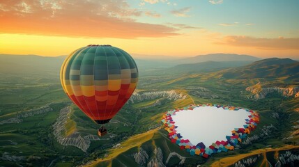 Fototapeta premium Colorful Hot Air Balloon Over Green Valleys at Sunrise