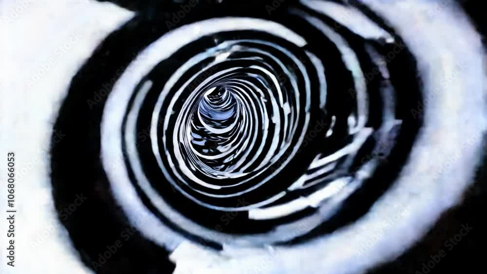 Poster camera spirals inwards towards a central point, passing through concentric circles in contrasting bl