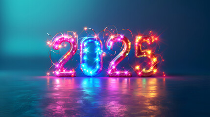 Happy new year 2025 colorful cinematic 3d render text design. Happy new year poster design. 2025 text design with cool cinematic style . on blue background
