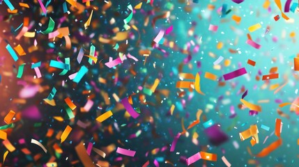 Party confetti raining down over a crowd celebrating New Year, vibrant colors, joyful expressions, 