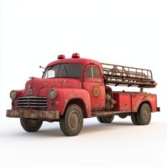 Low Poly 3D Render of a classic fire truck with a ladder and bright red color, on isolated white background