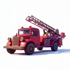 Low Poly 3D Render of a classic fire truck with a ladder and bright red color, on isolated white background