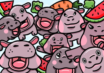 seamless pattern with funny cartoon monsters. Hippopotamus in Thailand hands draw. 