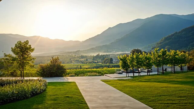 A paved walkway meanders through a grassy landscape, framed by rows of trees