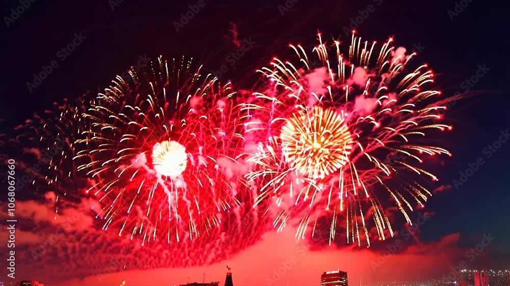 Poster camera captures a timelapse of fireworks exploding across the night sky, creating a dazzling display
