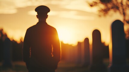 Fototapeta premium Silhouette of a Soldier at Sunset in a Cemetery