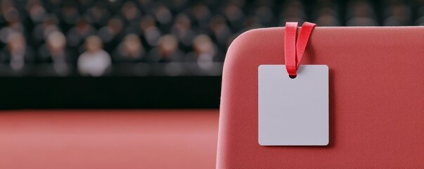 A blank badge with a red ribbon hangs on a chair in a conference setting, symbolizing identification and participation.