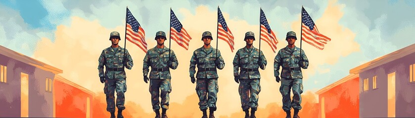 Fototapeta premium Soldiers Marching with Flags in Vibrant Background