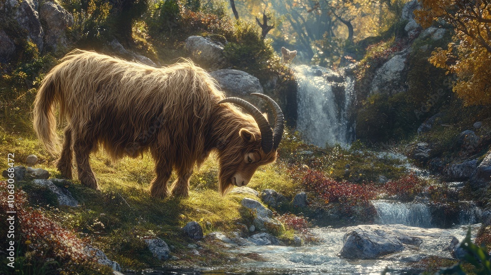 Poster goat in a serene nature setting by a stream