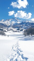 A serene snowy landscape with mountains and a clear blue sky.