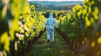 Person in protective outfit spraying green field preventing agricultural diseases