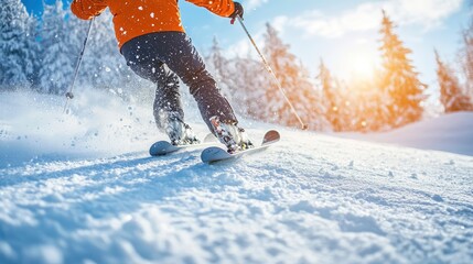 Close up of skier's legs and skis carving through powder snow on a sunny winter day.