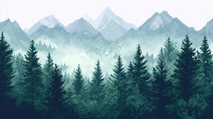 Watercolor pixel art depicting various tropical forests