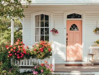 Sunlit white wooden house with a peach door, adorned with vibrant porch flowers.