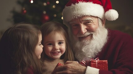Santa Hat Grandfather Presenting Christmas Gifts to Happy Grandkids