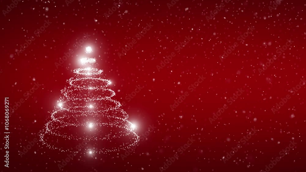 Poster christmas tree loop animation with snowfall on red background. concept holiday greeting card copy sp