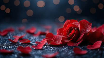 A romantic frame of red rose petals and heart-shaped confetti on a dark background, perfect for greeting cards for Valentine’s Day or anniversaries