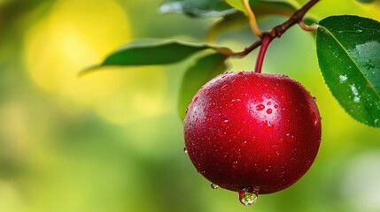 Obraz premium Fresh Red Apple with Water Drops on Green Background