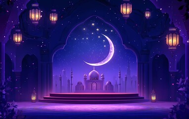 Eid Mubarak and Ramadan Kareem greetings with an Islamic lantern, podium stage design background for product display, a solid purple color background 
