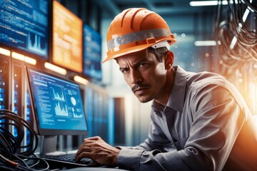 Focused technician analyzing data in a server room while wearing a safety hard hat