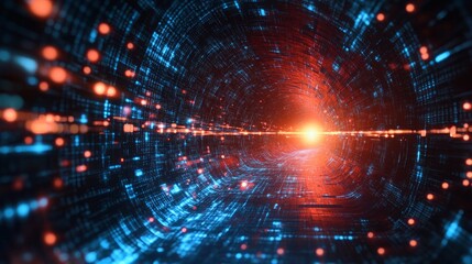 Obraz premium Abstract digital tunnel with glowing particles and a bright light at the end.