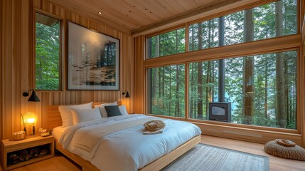Modern bedroom with large windows overlooking a forest.